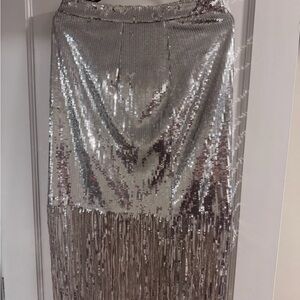 Silver Sequin Fringe Midi Skirt - Elegant Evening Wear